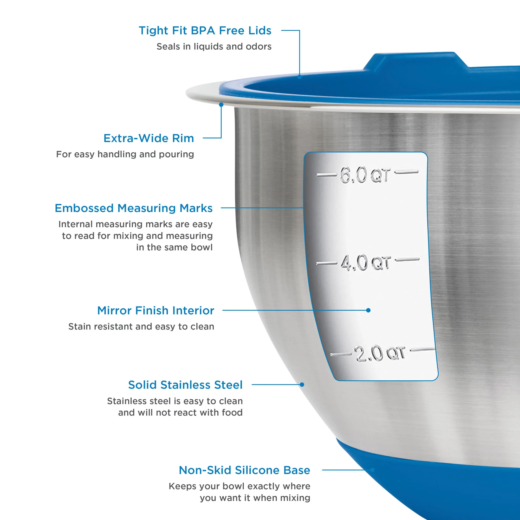 Viking 10-Piece Stainless Steel Mixing Bowl Set with Lids, Blue - Image 3