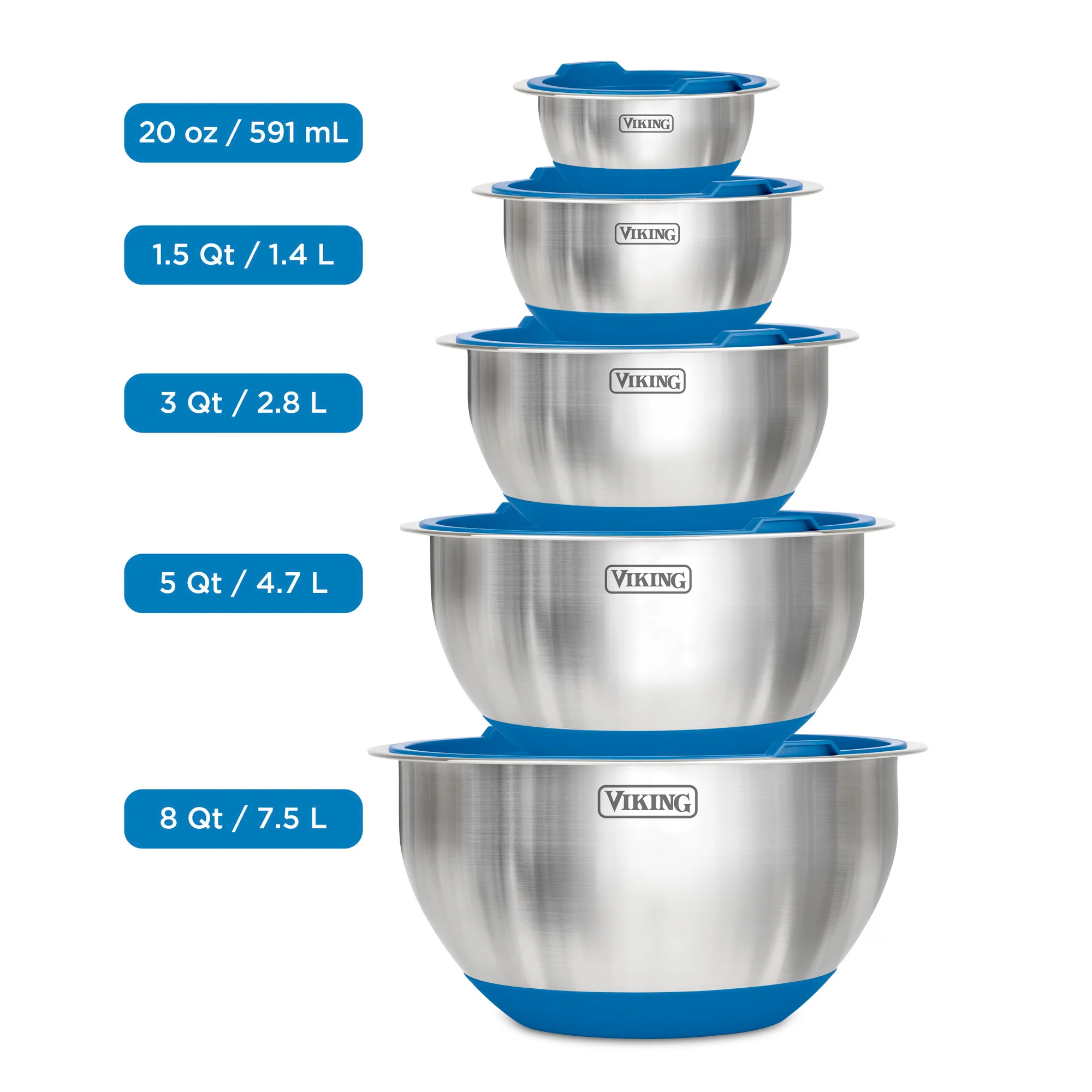 Viking 10-Piece Stainless Steel Mixing Bowl Set with Lids, Blue - Image 4