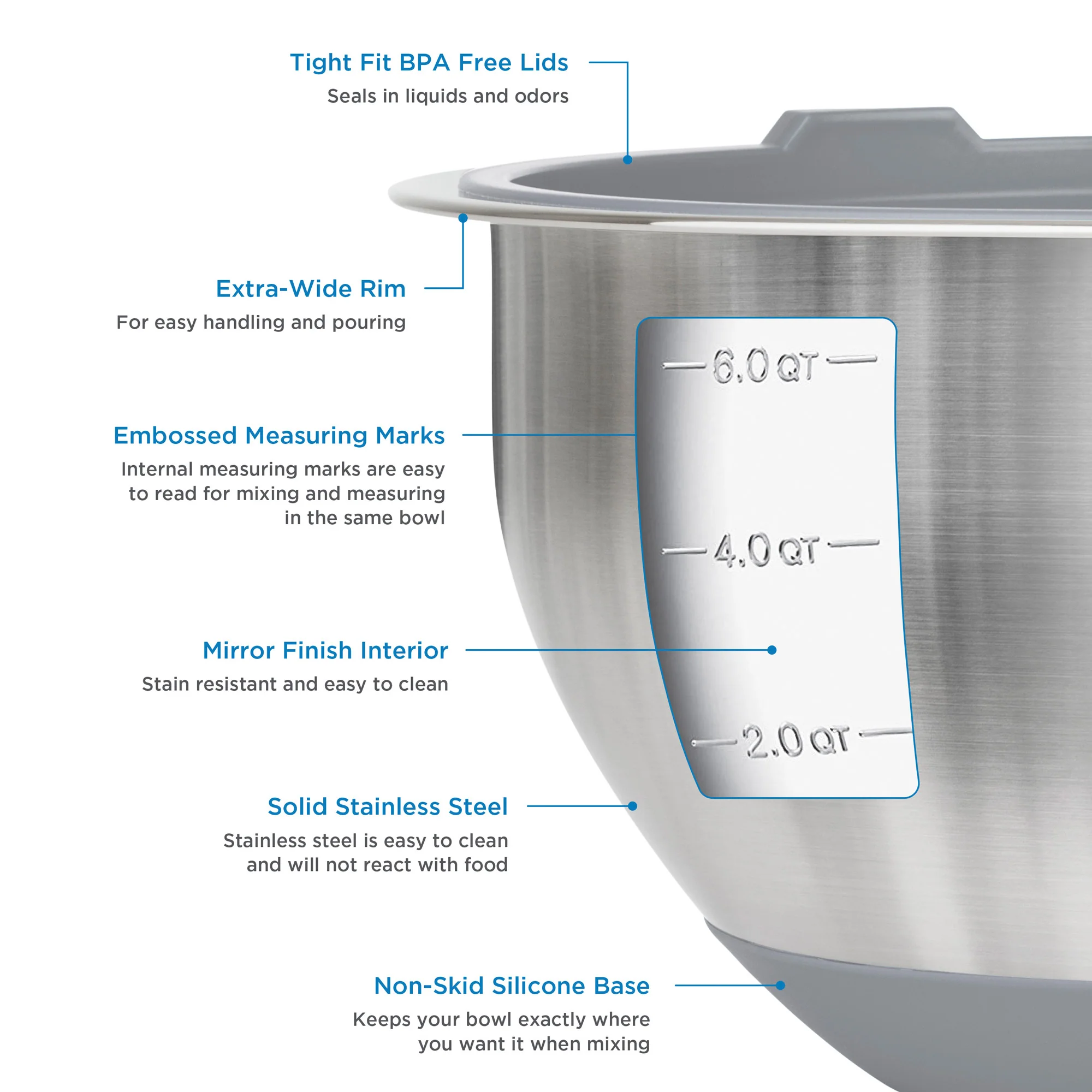 Viking 10-Piece Stainless Steel Mixing Bowl Set with Lids, Gray - Image 3