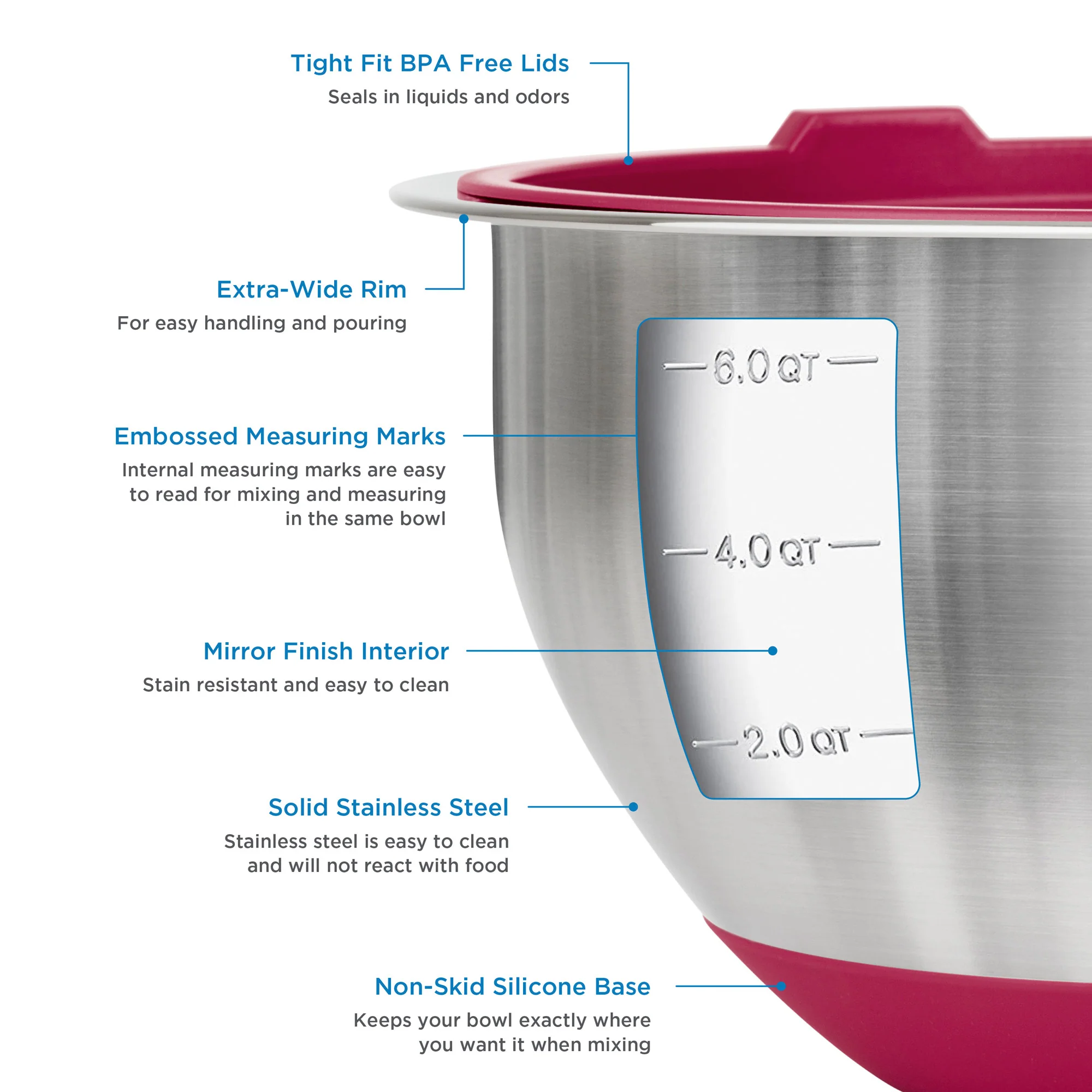 Viking 10-Piece Stainless Steel Mixing Bowl Set with Lids, Red - Image 3