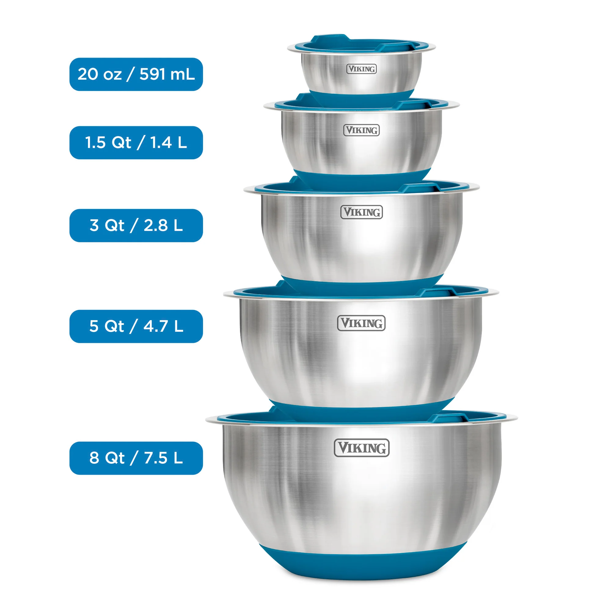 Viking 10-Piece Stainless Steel Mixing Bowl Set with Lids, Teal - Image 4