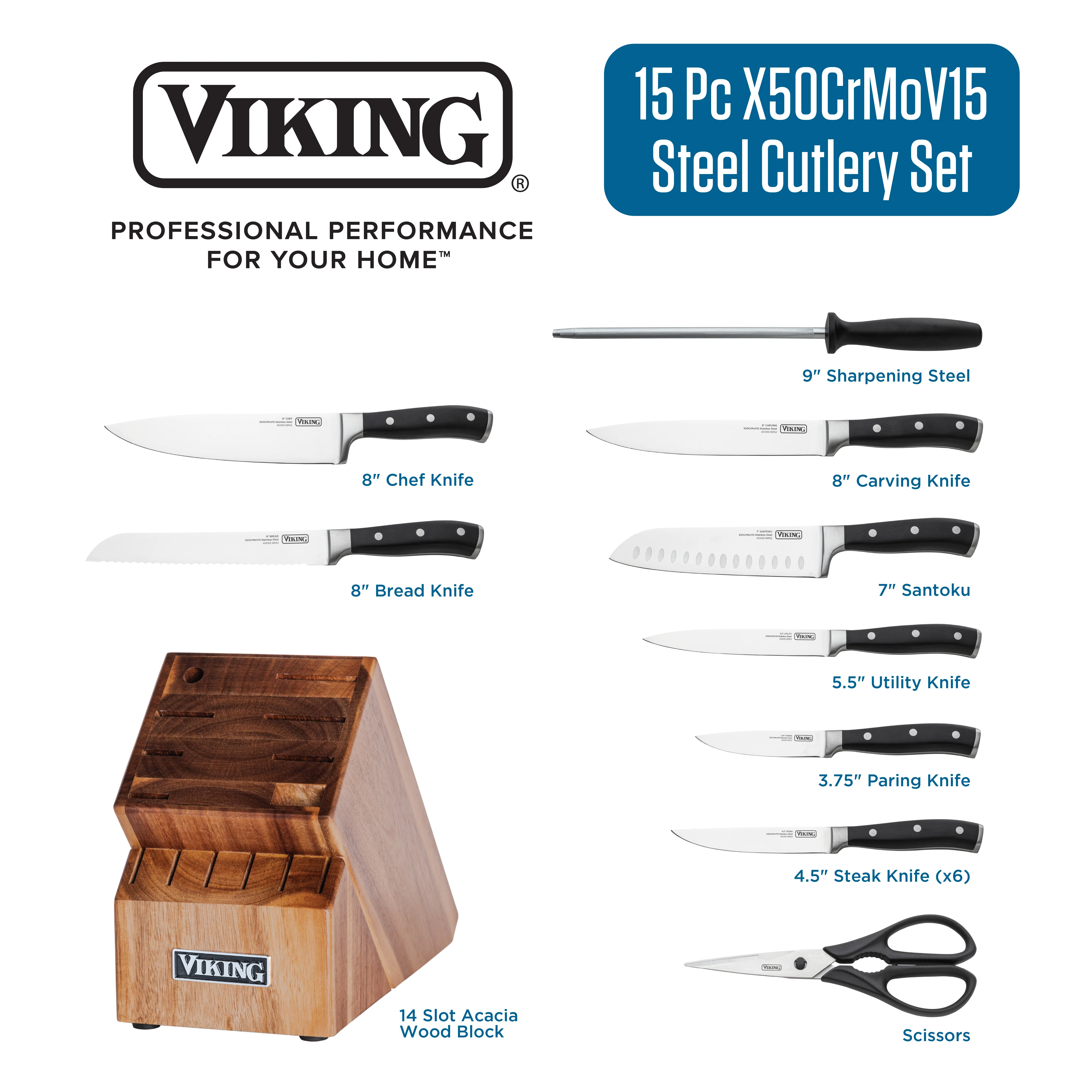 Viking 15-Piece Stainless Steel Cutlery Set with Acacia Wood Block - Image 13