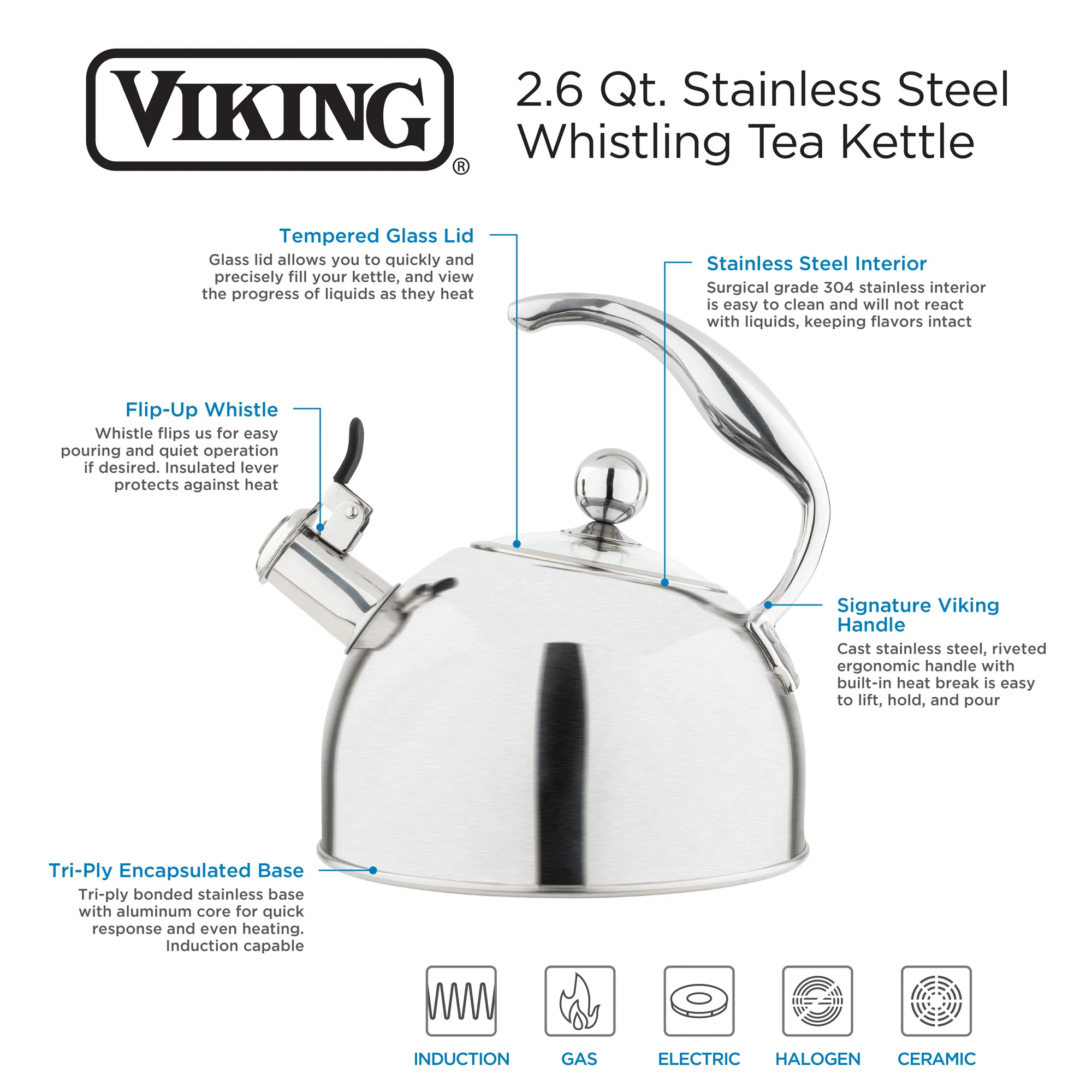 Viking 2.6-Quart Satin Finish Stainless Steel Whistling Kettle with 3-Ply Base - Image 3