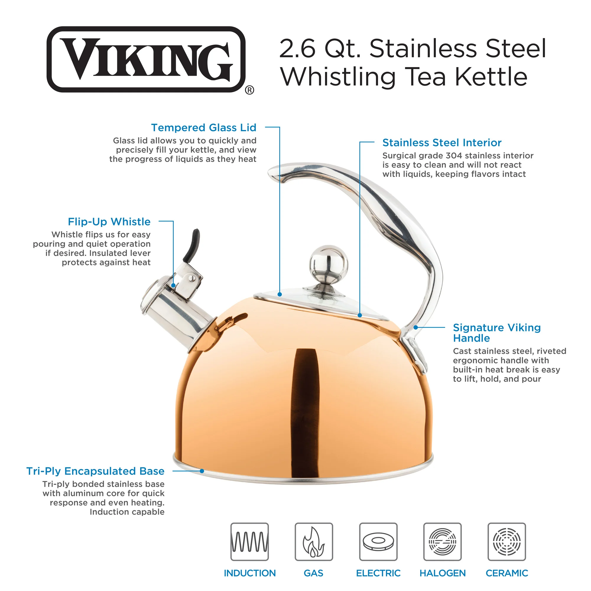 Viking 2.6-Quart Rose Gold Stainless Steel Whistling Kettle with 3-Ply Base - Image 3