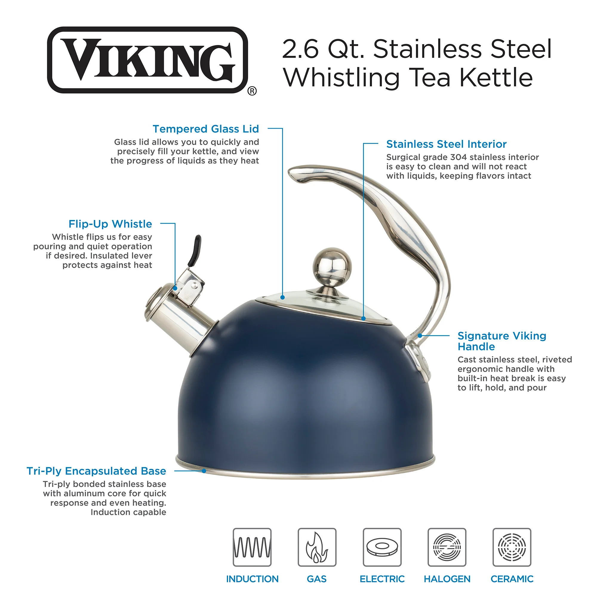 Viking 2.6-Quart Slate Blue Stainless Steel Whistling Kettle with 3-Ply Base - Image 3
