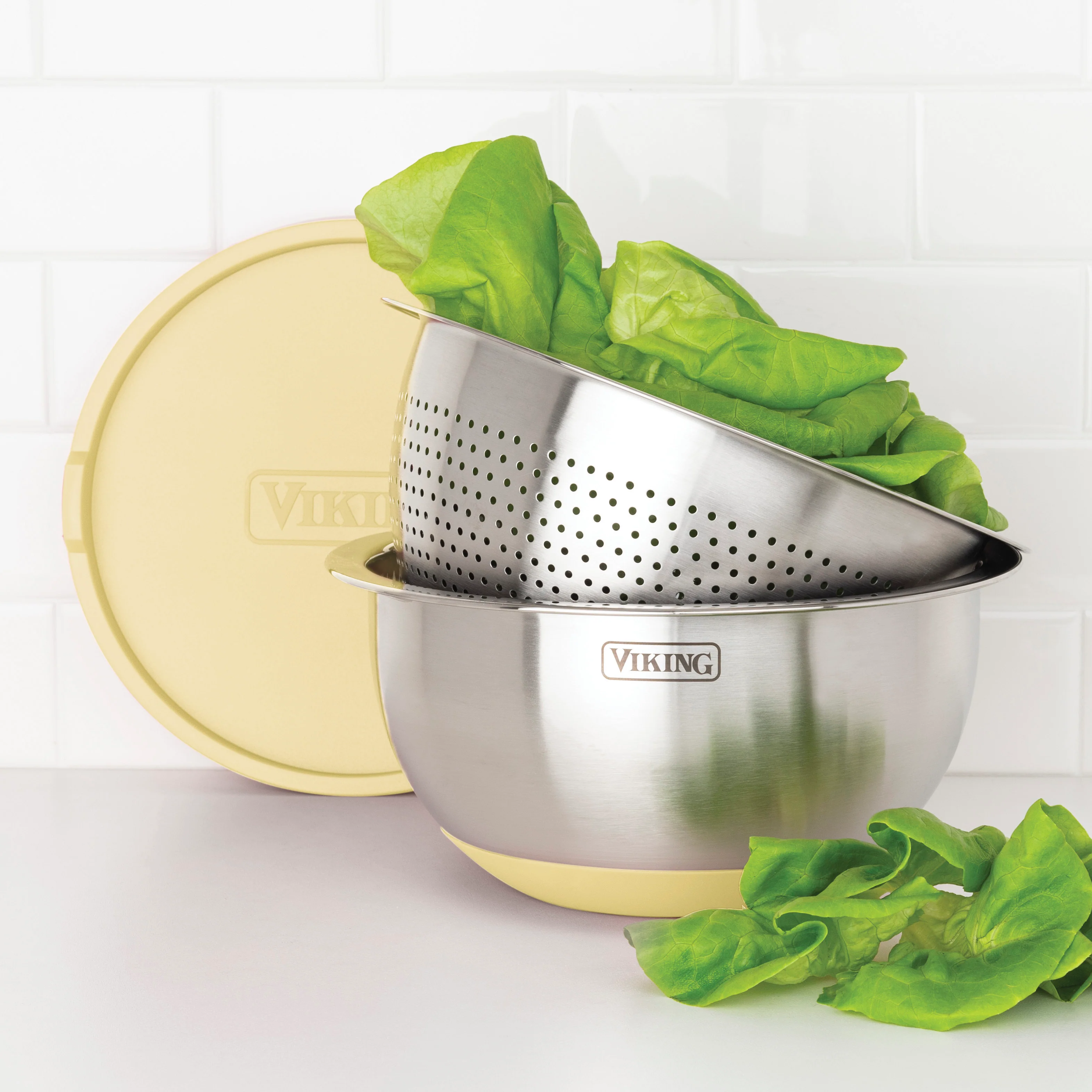 Viking 9-Piece Stainless Steel Mixing Bowl Set with Strainer, Buttermilk - Image 2