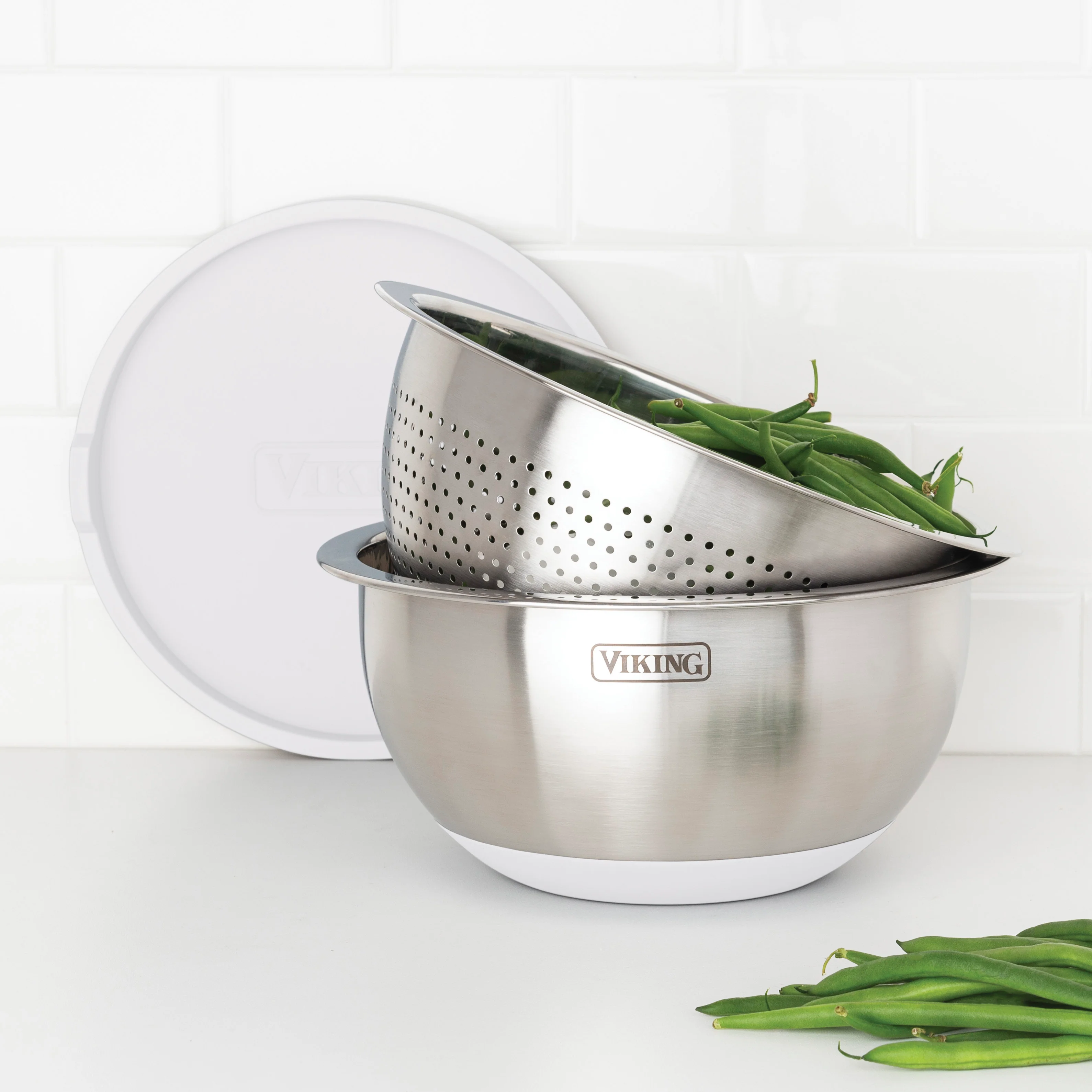 Viking 9-Piece Stainless Steel Mixing Bowl Set with Strainer, Frost White - Image 2