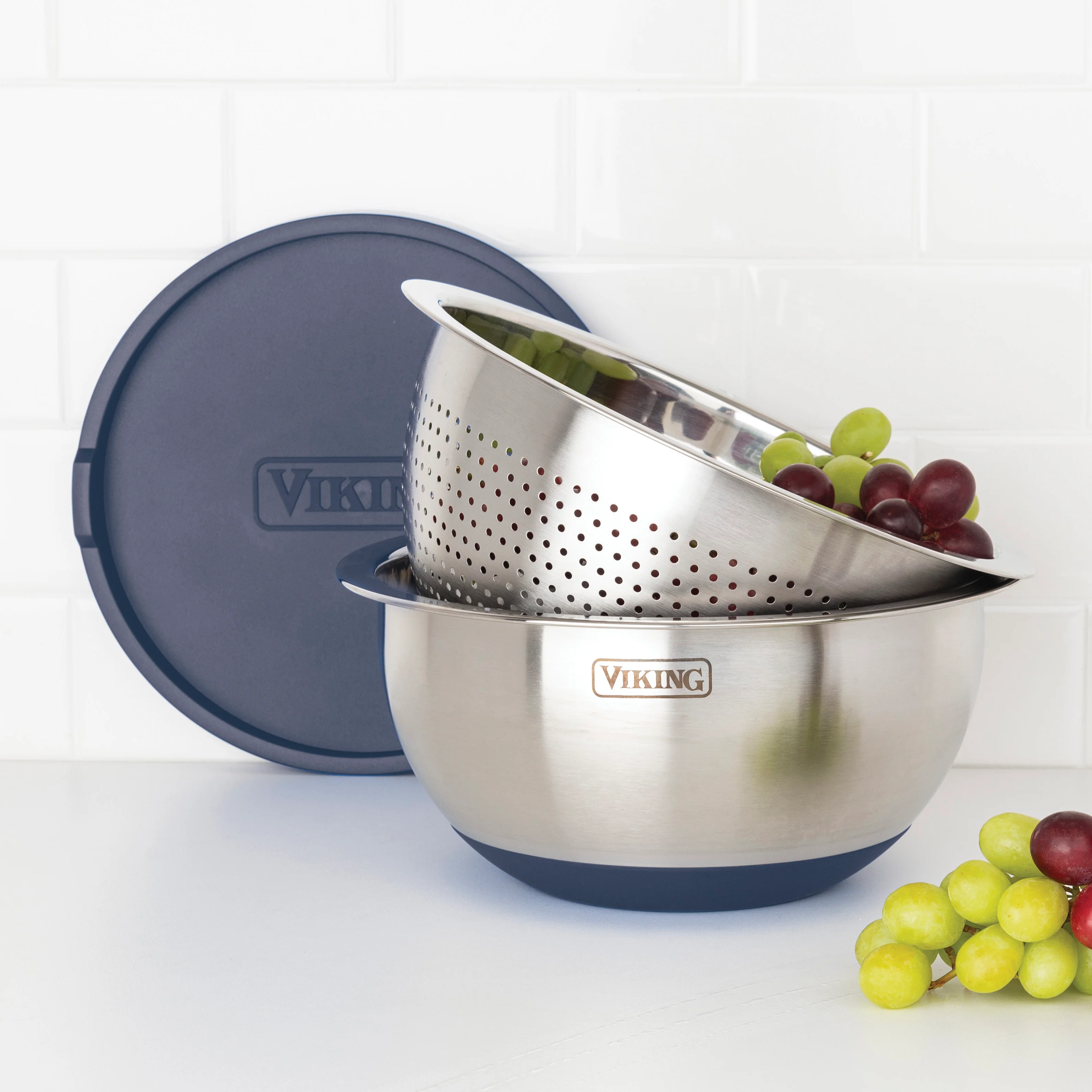 Viking 9-Piece Stainless Steel Mixing Bowl Set with Strainer, Slate Blue - Image 2