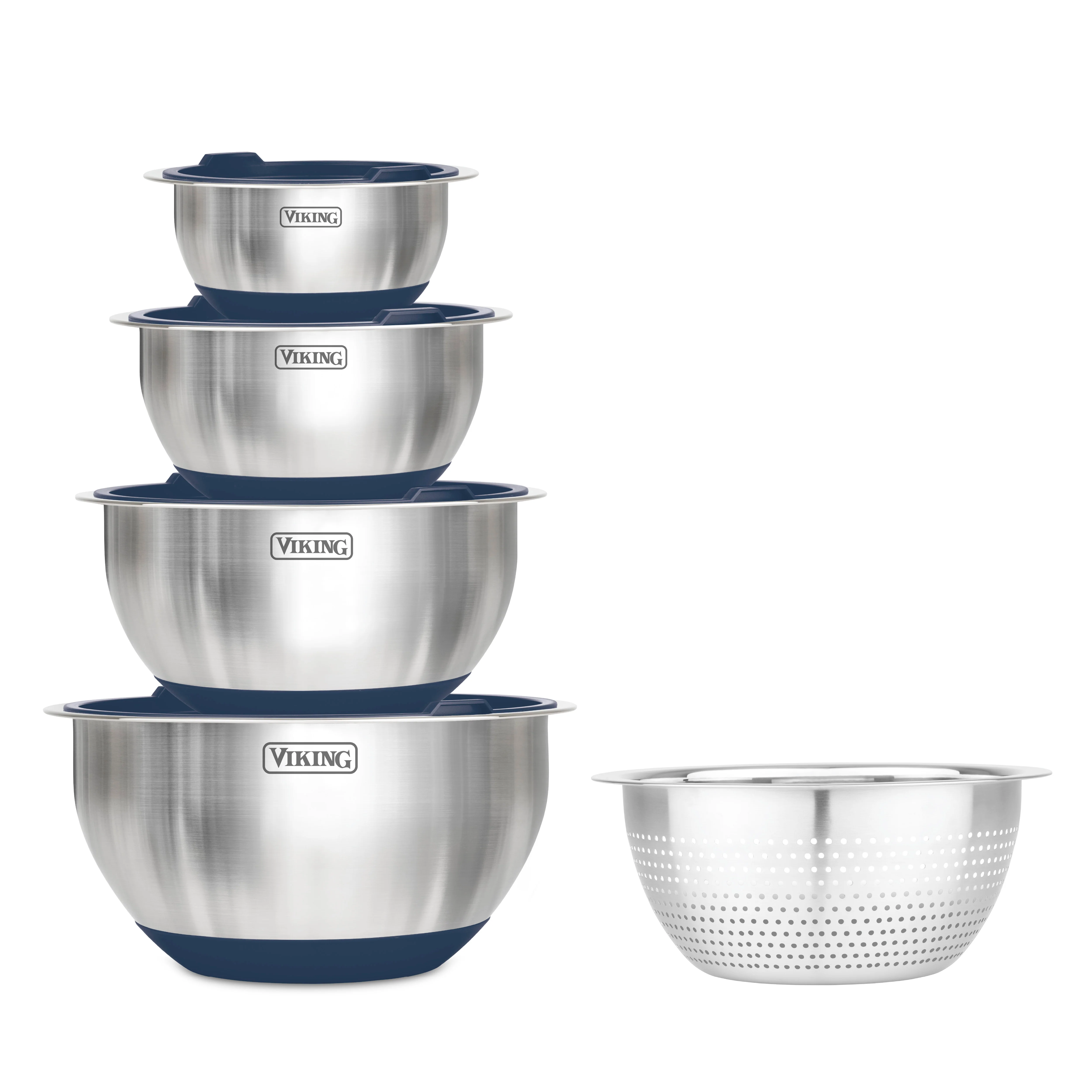 Viking 9-Piece Stainless Steel Mixing Bowl Set with Strainer, Slate Blue - Image 5