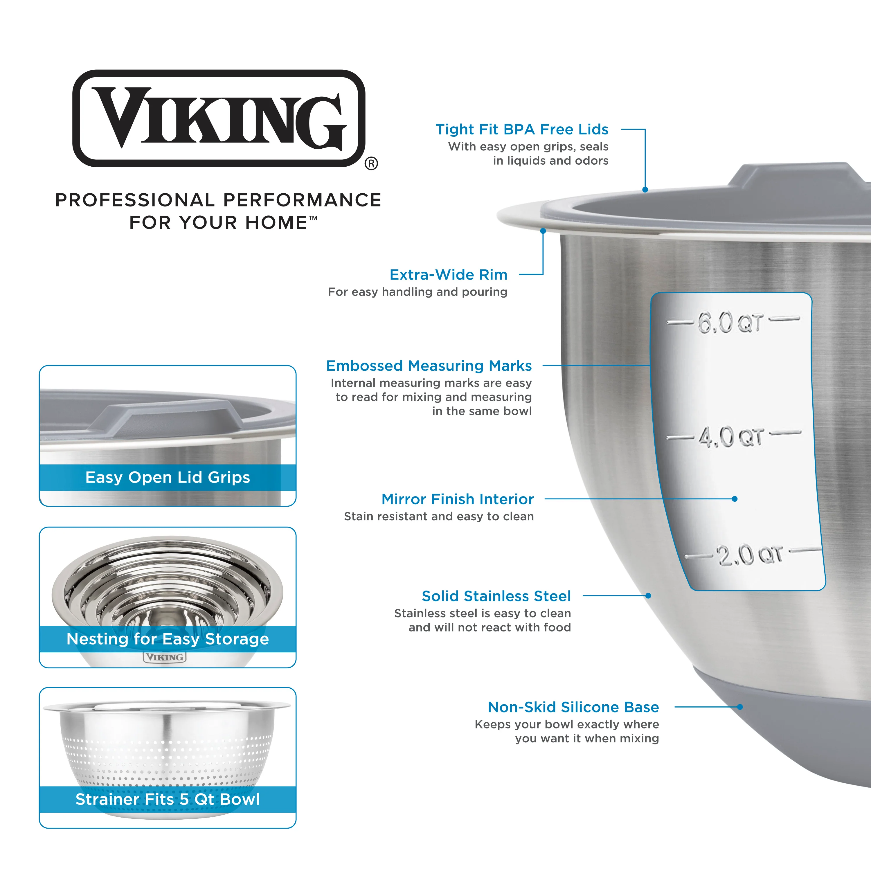 Viking 9-Piece Stainless Steel Mixing Bowl Set with Strainer, Gray - Image 4