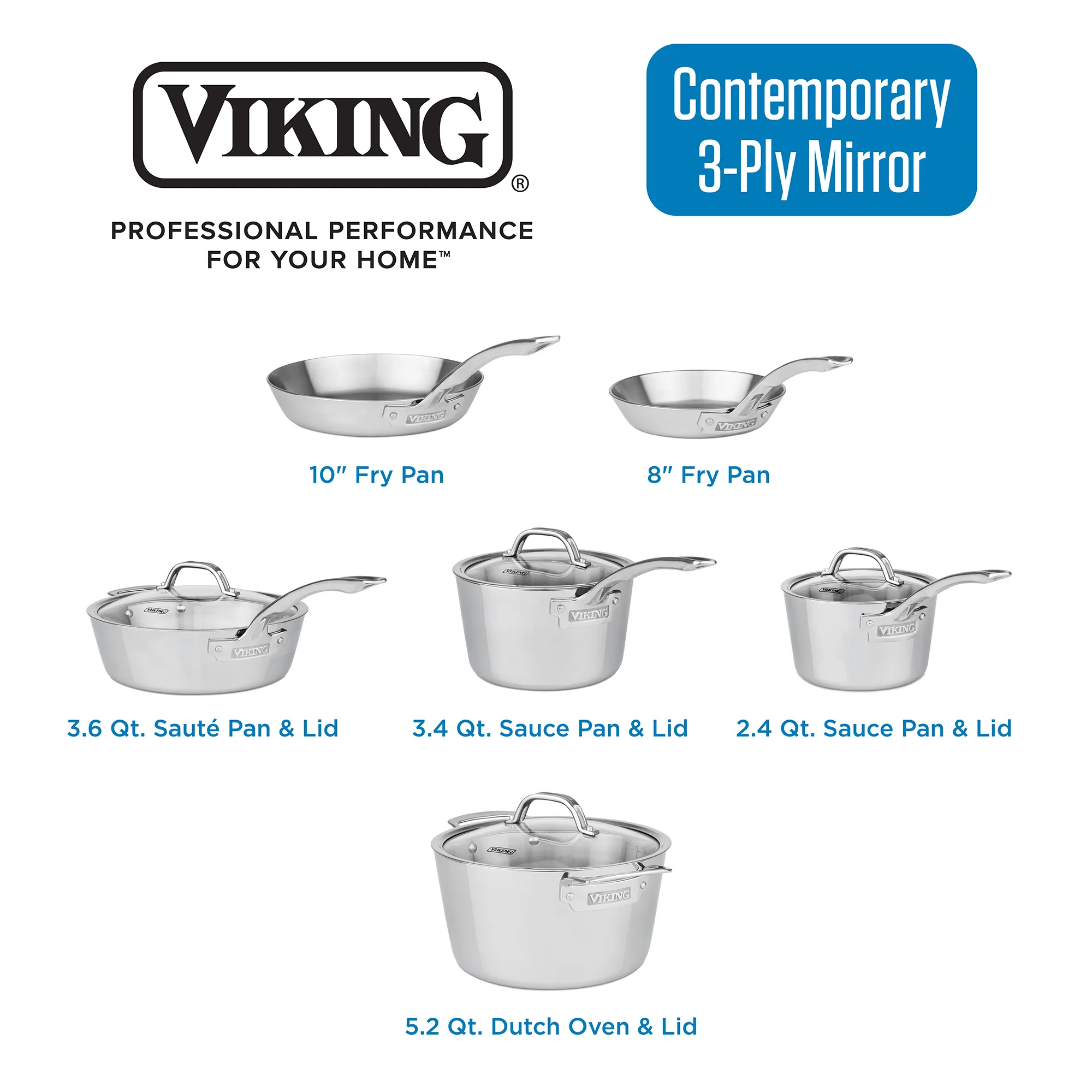 Viking Contemporary 3-Ply Stainless Steel 10-Piece Cookware Set with Glass Lids - Image 12